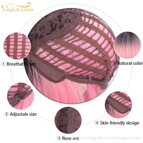 Vigorous Short Bob Wigs with Bangs Synthetic Straight Bob Wig with Dark Roots Ombre Pink Cosplay Wig For Women Party Wear